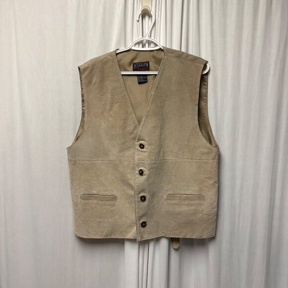 Industrial Rags Genuine Leather Suede Vest Mens Size Large Beige Lined Buttoned - Picture 1 of 7